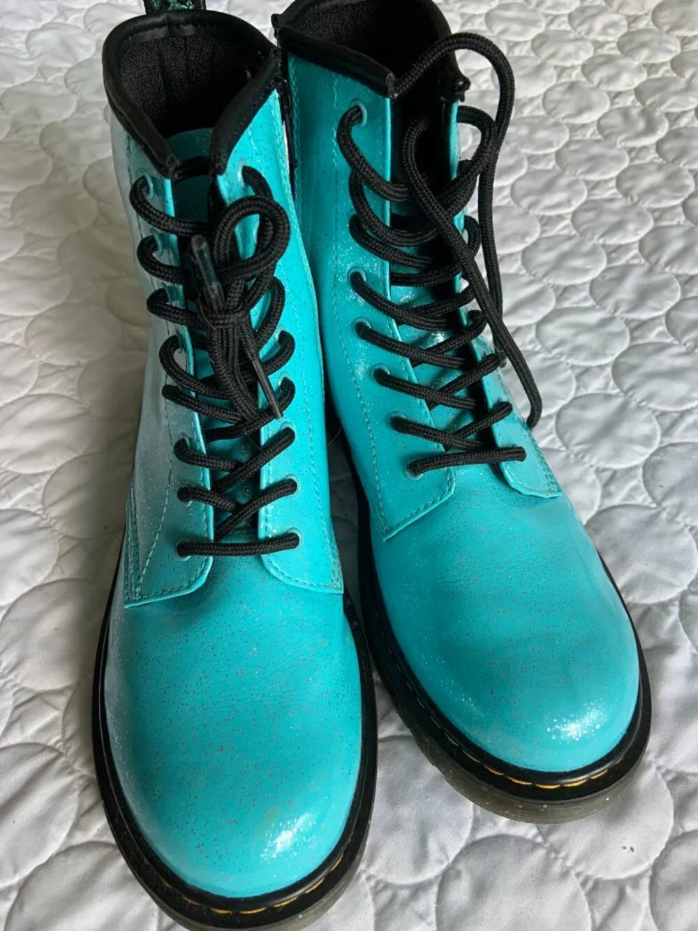 Dr. Martens 1460 Teal Glitter Patent Boots girls sz 6 like new